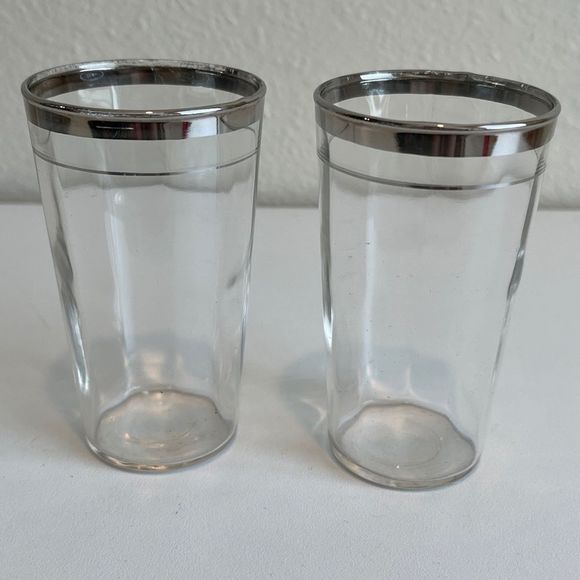 Macbeth-Evans Glass Company Optic Rib Silver Platinum Rim Juice Glasses set of 2 - Picture 1 of 7
